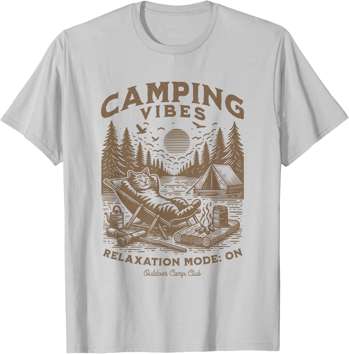 Camping Vibes Funny Cat Campfire Outdoor Nature Lovers Camp Men Women Kids T-Shirt - T-Shirt | Ash