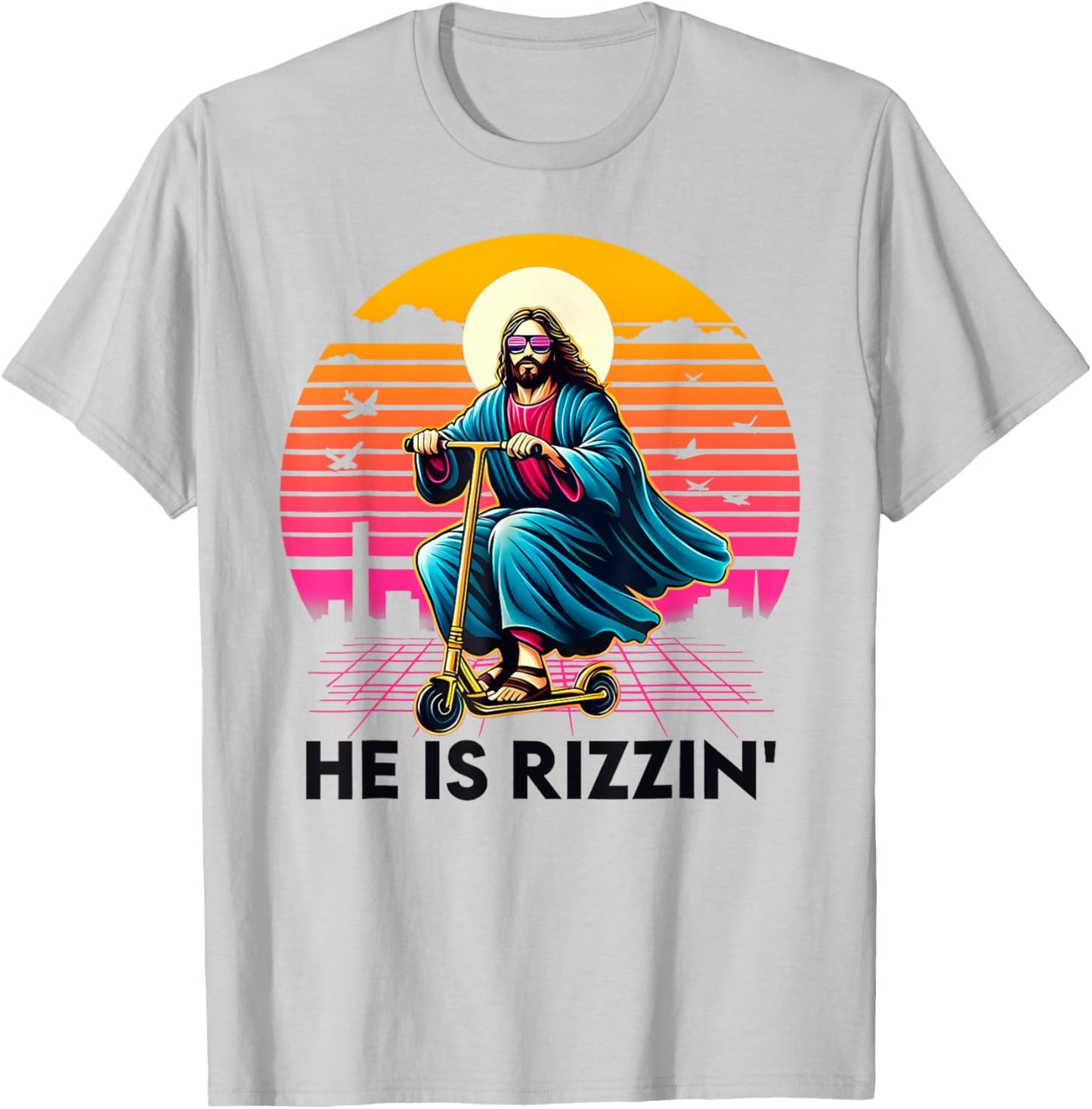 He Is Rizzin Jesus Riding Scooter Easter Christian Men Boy T-Shirt - T-Shirt | Ash