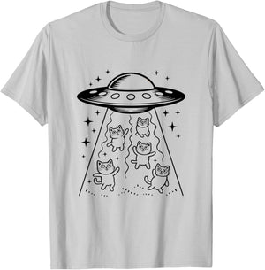 Cute UFO Abducting Cats Space Humor Line Art Design T-Shirt - T-Shirt | Ash