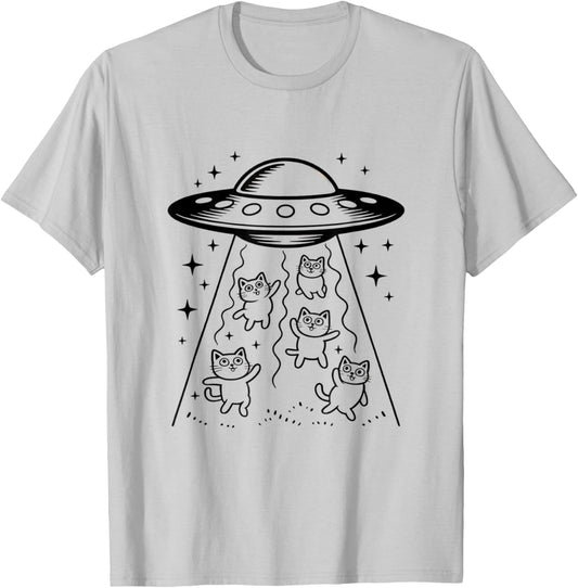 Cute UFO Abducting Cats Space Humor Line Art Design T-Shirt - T-Shirt | Ash