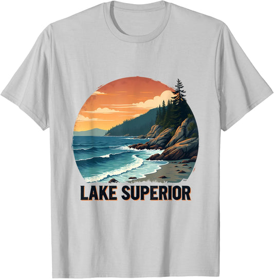 Lake Superior Scenic Nature Artwork T-Shirt - T-Shirt | Ash