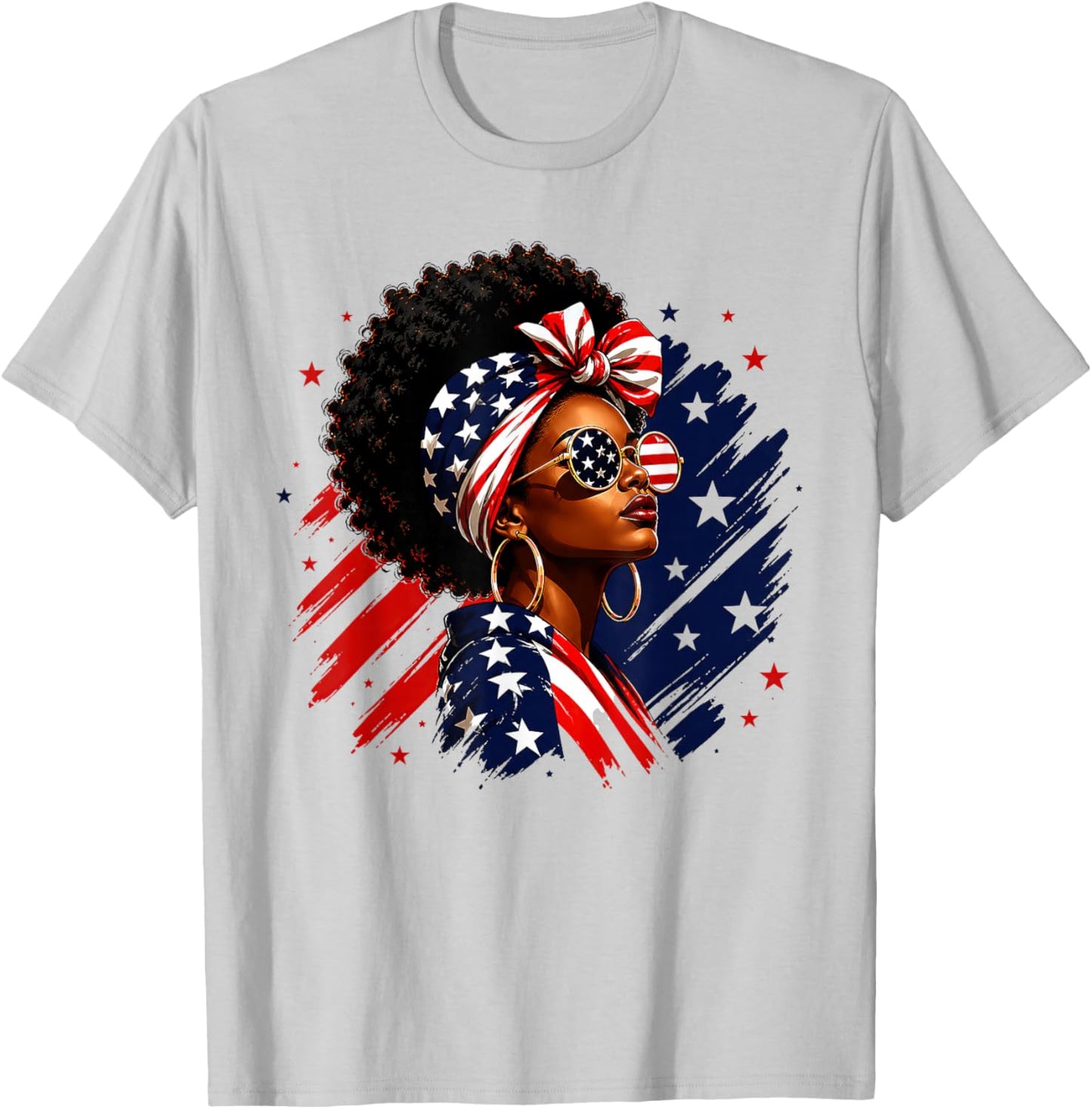 4th of July Black African American Women Afro Patriotic T-Shirt - T-Shirt | Ash