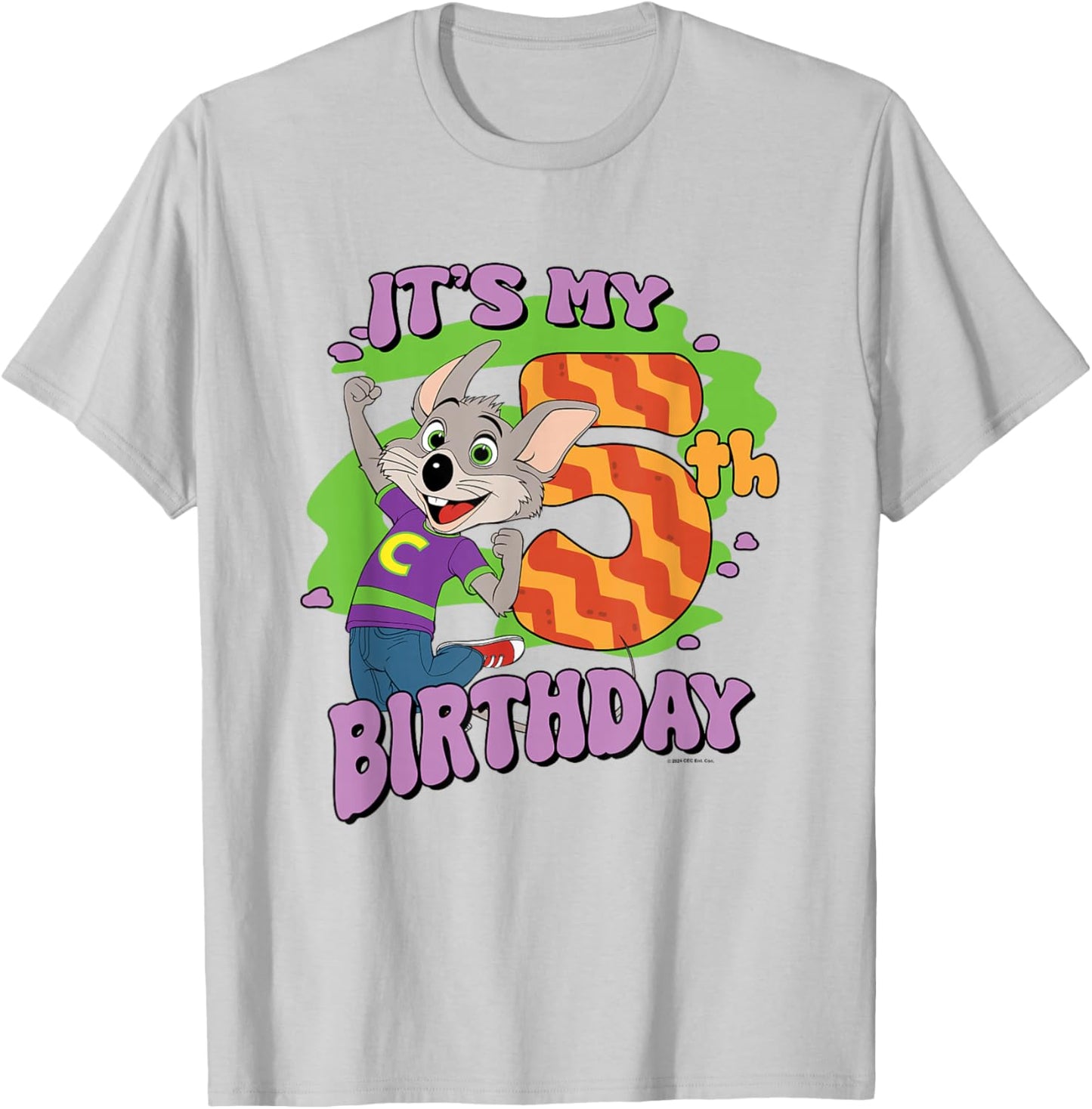 Chuck E. Cheese It's My 5th Birthday Happy Chuck Chest Logo T-Shirt - T-Shirt | Ash