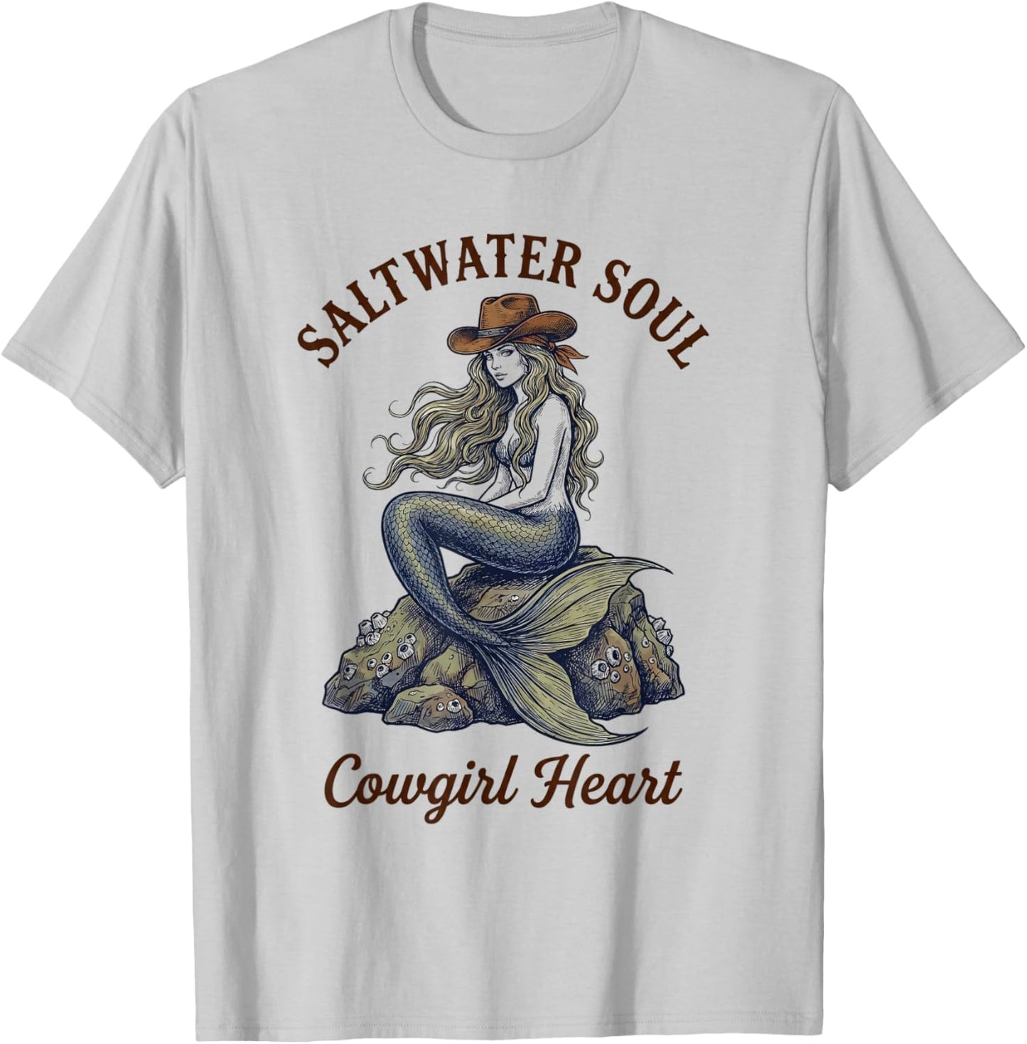 Saltwater Soul Cowgirl Heart Mermaid Western Rodeo Country T-Shirt - T-Shirt | Ash
