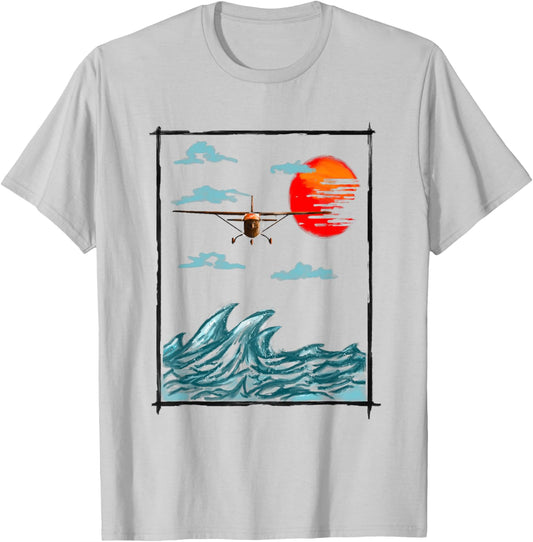 Airplane Lover Present Airplane Over Waves T-Shirt - T-Shirt | Ash