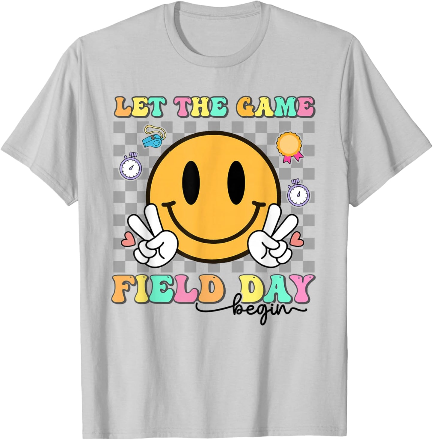 Let The Game Field Day Begin Groovy Smile Face Checkered T-Shirt - T-Shirt | Ash