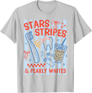 Stars Stripes Pearly Whites Dental Hygienist 4th July RDH T-Shirt - T-Shirt | Ash