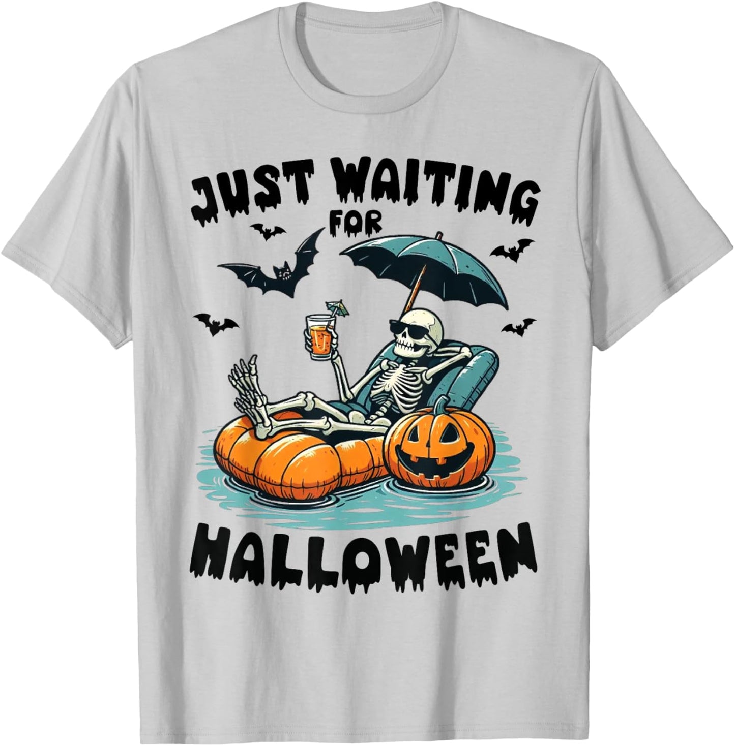Funny Just Waiting For Halloween Skeleton Spooky Vibe Summer T-Shirt - T-Shirt | Ash