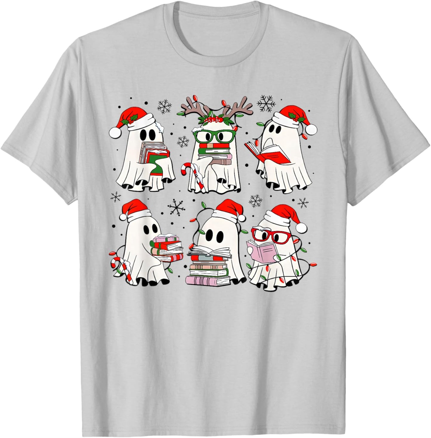 Funny Ghost Book Reading Christmas Books Lover Teacher Kids T-Shirt - T-Shirt | Ash