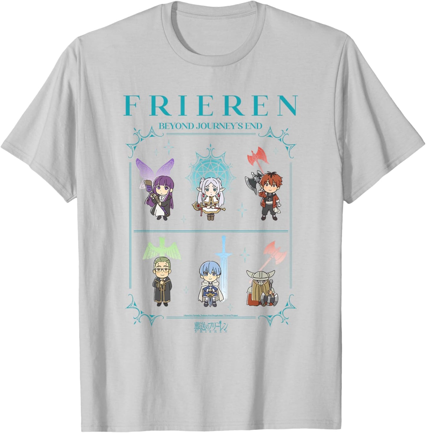 Frieren Chibi Character Chart with Ornate Frame Anime T-Shirt - T-Shirt | Ash