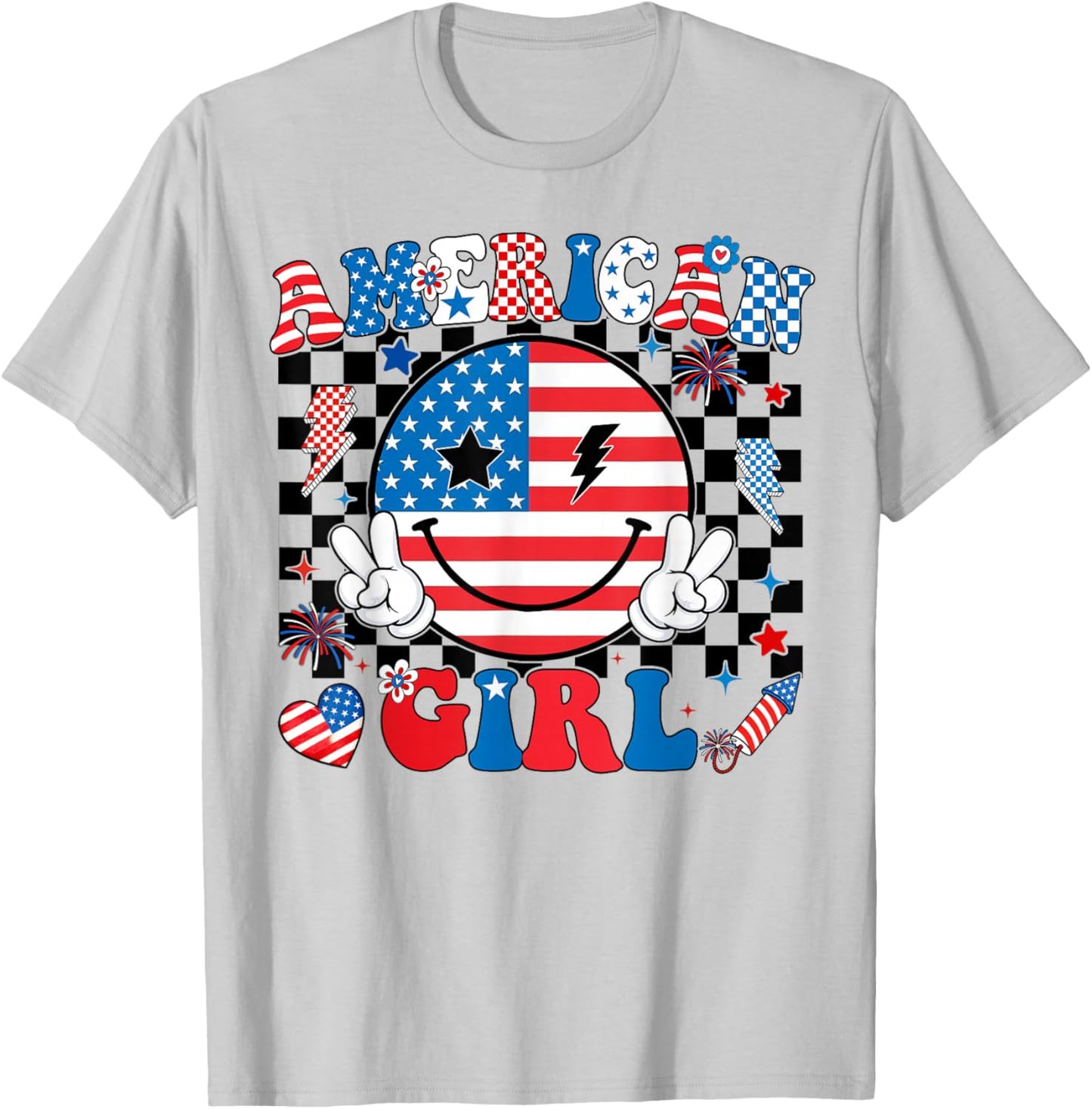 Groovy American Girl Smile Face 4th of July Shirts Women T-Shirt - T-Shirt | Ash