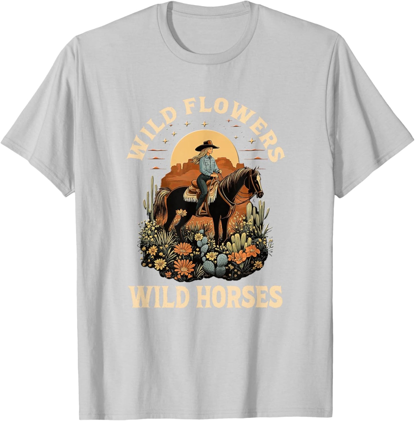 Western Sunset Cowgirl Riding Horse Wild Flowers Wild Horses T-Shirt - T-Shirt | Ash