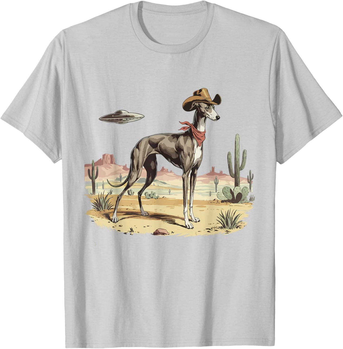 UFO Greyhound Western Alien Vintage 90s Whippet Cowboy Dog T-Shirt - T-Shirt | Ash