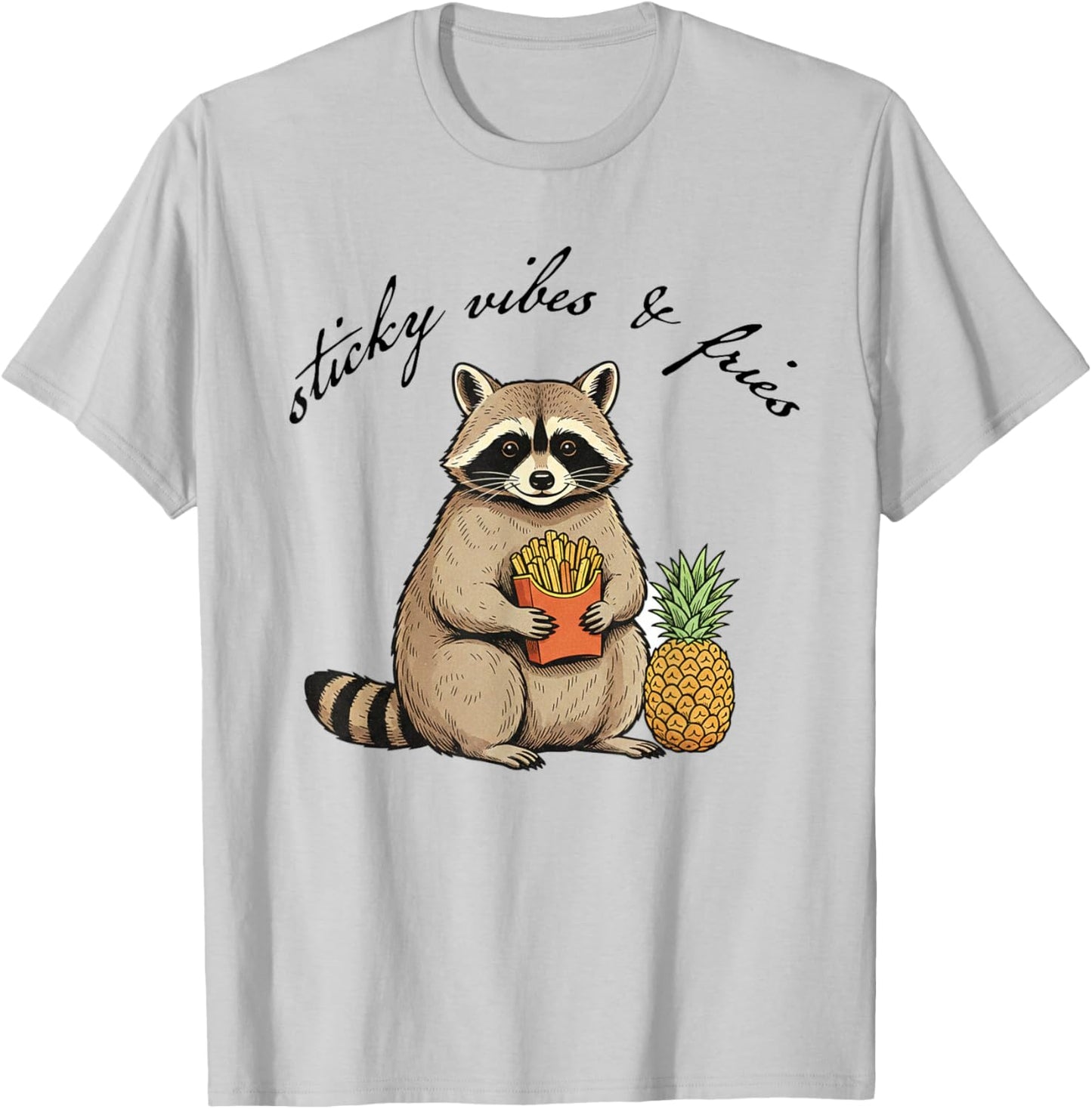 IVF Mom Racoon Transfer Day Pineapple Sticky Vibes & Fries T-Shirt - T-Shirt | Ash