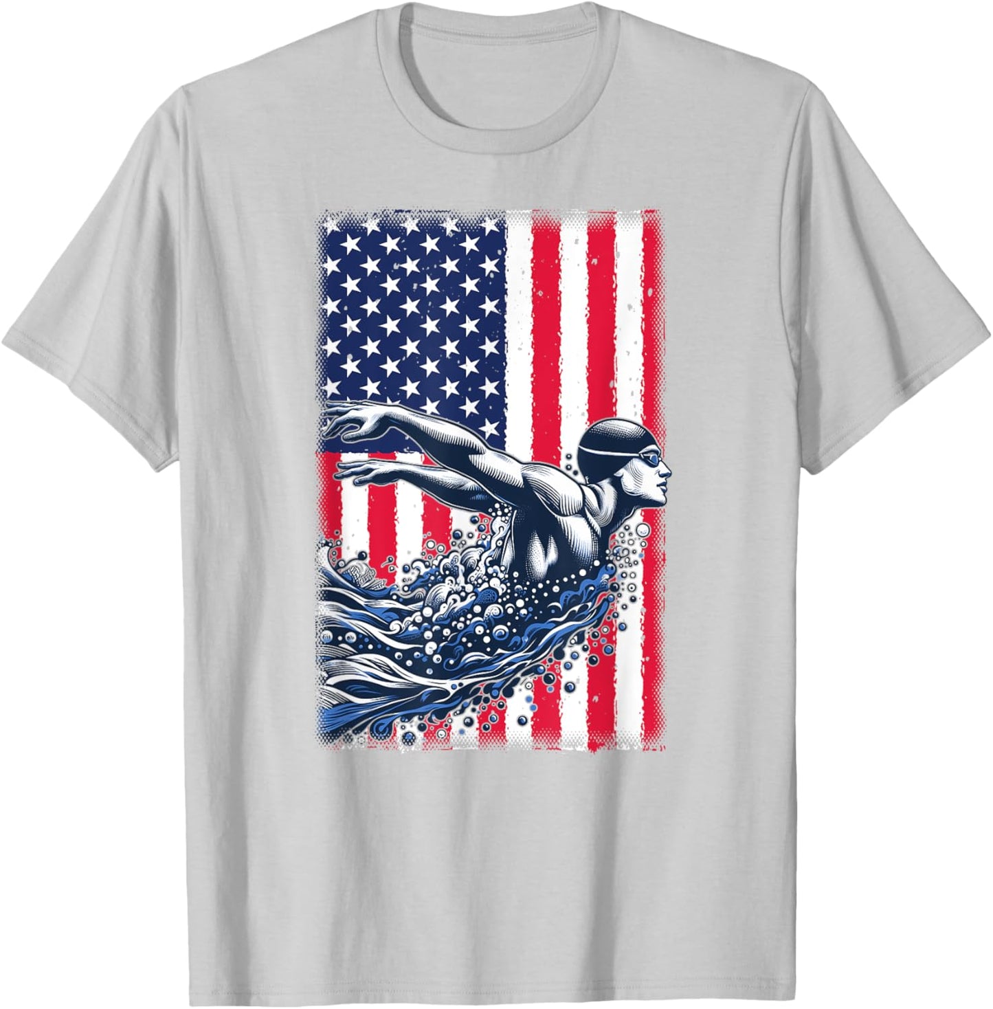 Swimming American Flag USA Swim Sport Team Swimmer Butterfly Women Kids Men T-Shirt - T-Shirt | Ash