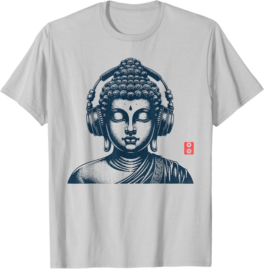 Buddha Wearing Headphones Vintage Retro Grey , -Adult, Short Sleeve, Music, Buddha, Relax T-Shirt - T-Shirt | Ash