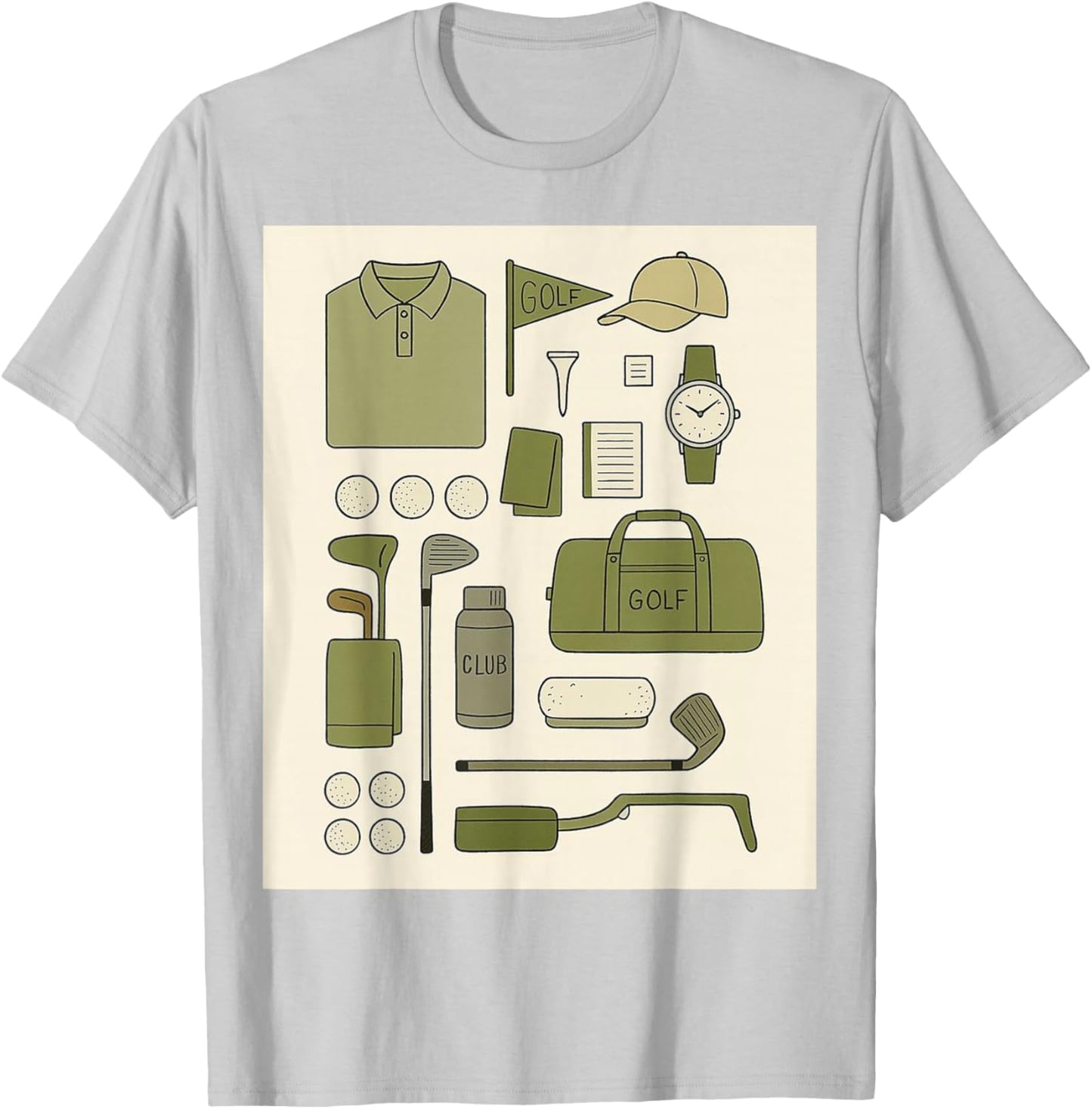 Retro Vintage Golf Doodles Balls Driver Clubs Green Beige T-Shirt - T-Shirt | Ash