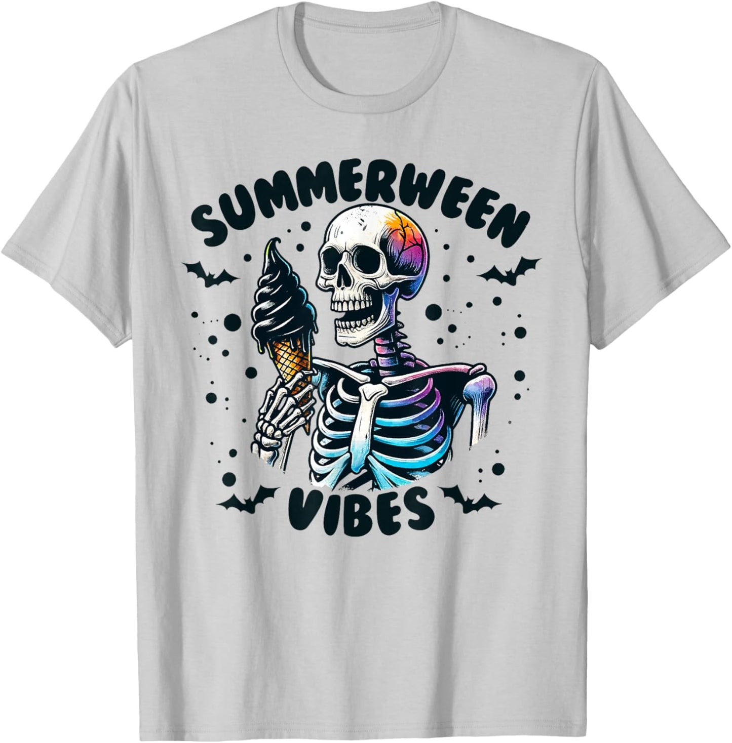 Summerween Vibes Skeleton Ice Cream Summer Vacation Funny T-Shirt - T-Shirt | Ash