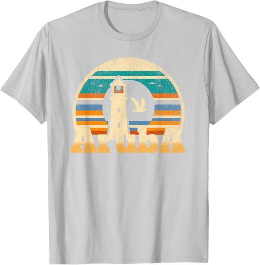 One Happy Island Aruba Shirt Retro Sunset Lighthouse Vintage T-Shirt - T-Shirt | Ash
