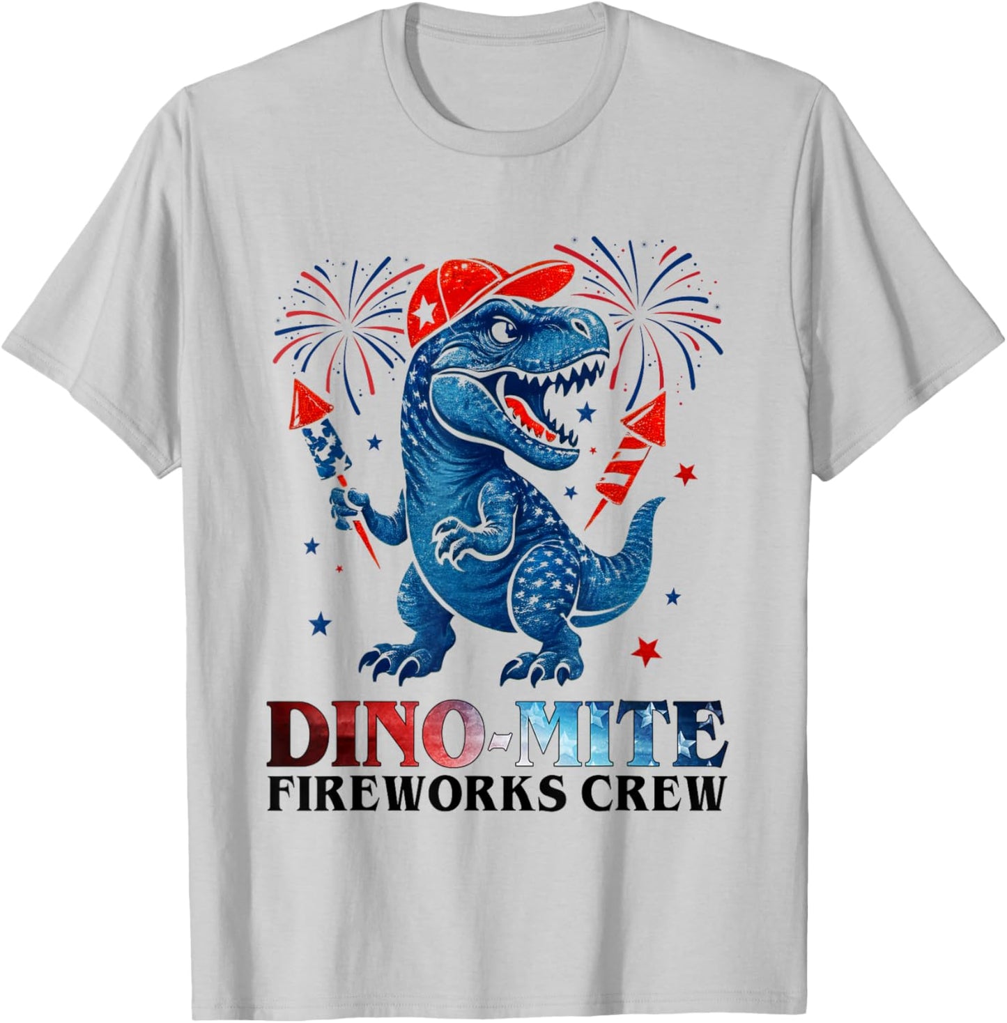 Dino-Mite Fireworks Crew Dinosaur USA Flag 4th Of July Kids T-Shirt - T-Shirt | Ash