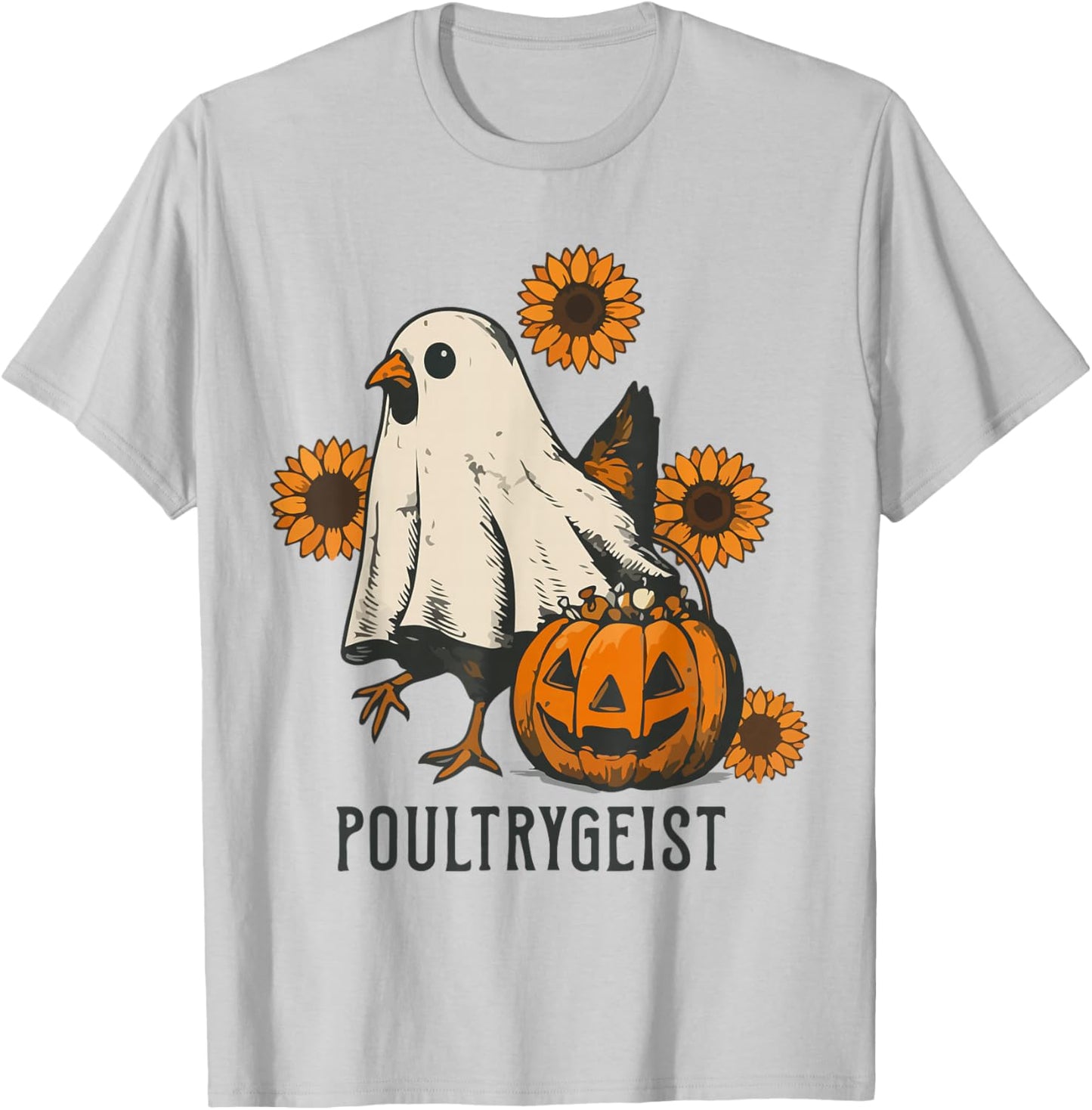 Poultrygeist Sunflower Chicken Ghost Halloween Spooky Season T-Shirt - T-Shirt | Ash
