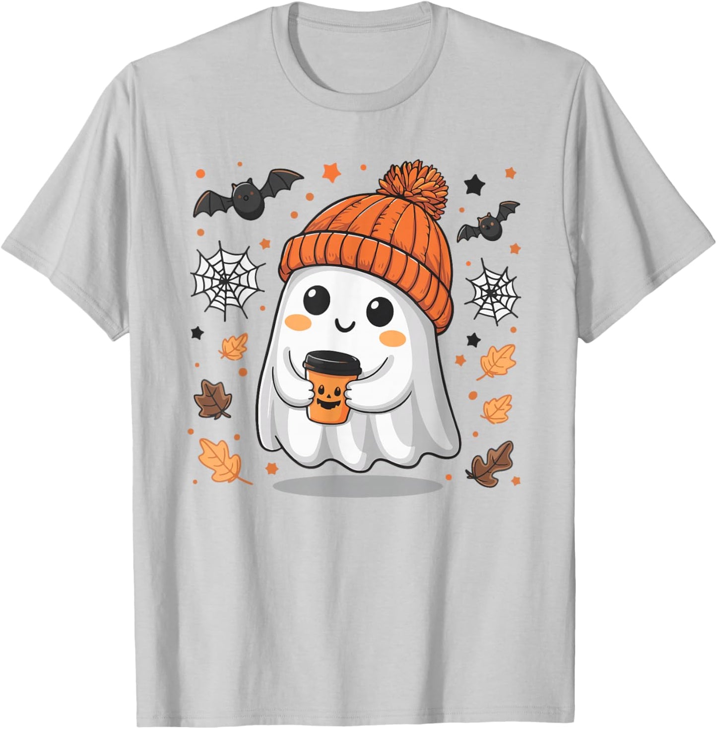 Cute Ghost Drinking Coffee Halloween Ghost Ice Coffee T-Shirt - T-Shirt | Ash