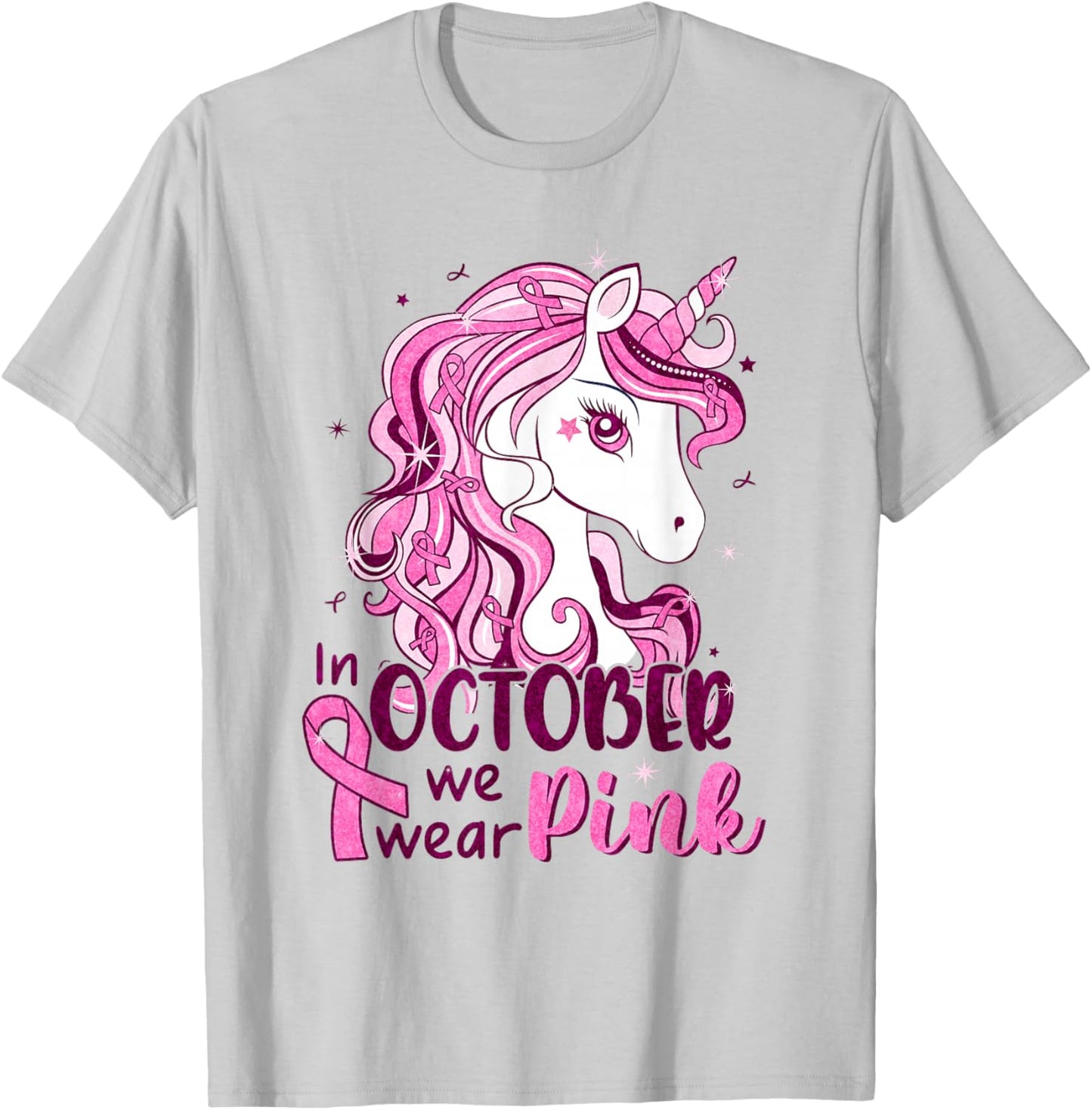 In October We Wear Pink Unicorn Breast Cancer Shirts Girls T-Shirt - T-Shirt | Ash