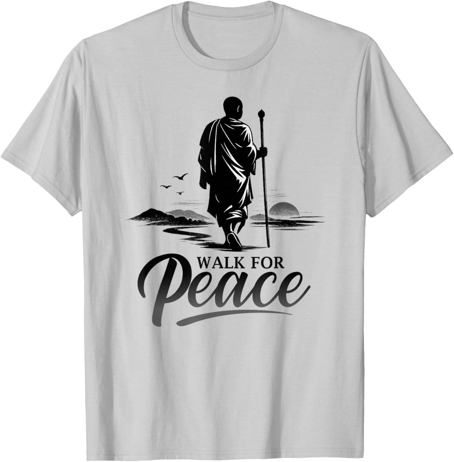 Retro Walk for Peace Monks with Dog Aloka Art Zen Minimalist T-Shirt - T-Shirt | Ash