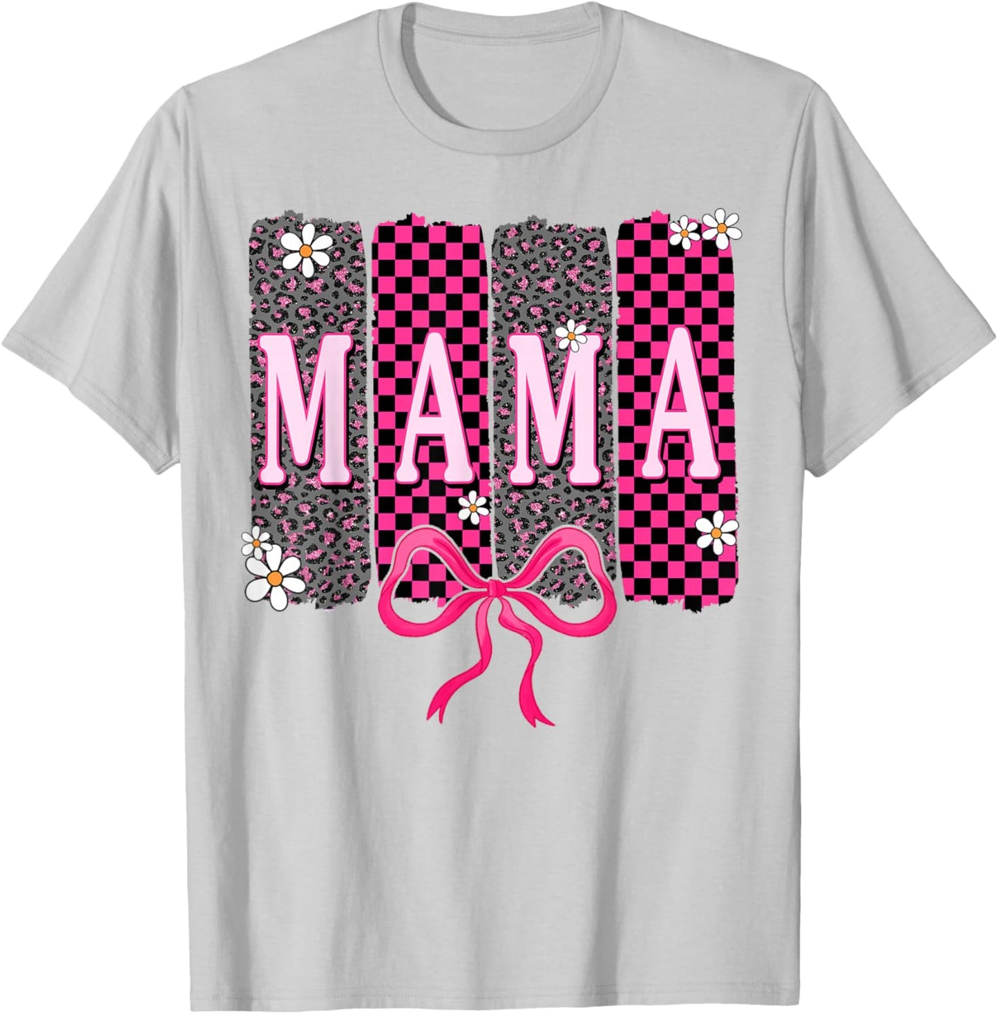 Checkered Mama Coquette Bow Mama Flower Mother's Day Leopard T-Shirt - T-Shirt | Ash