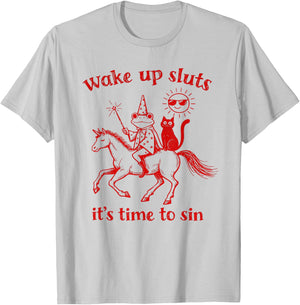 Wake Up Sluts It's Time to Sin, Funny Animal Meme Frog T-Shirt - T-Shirt | Ash