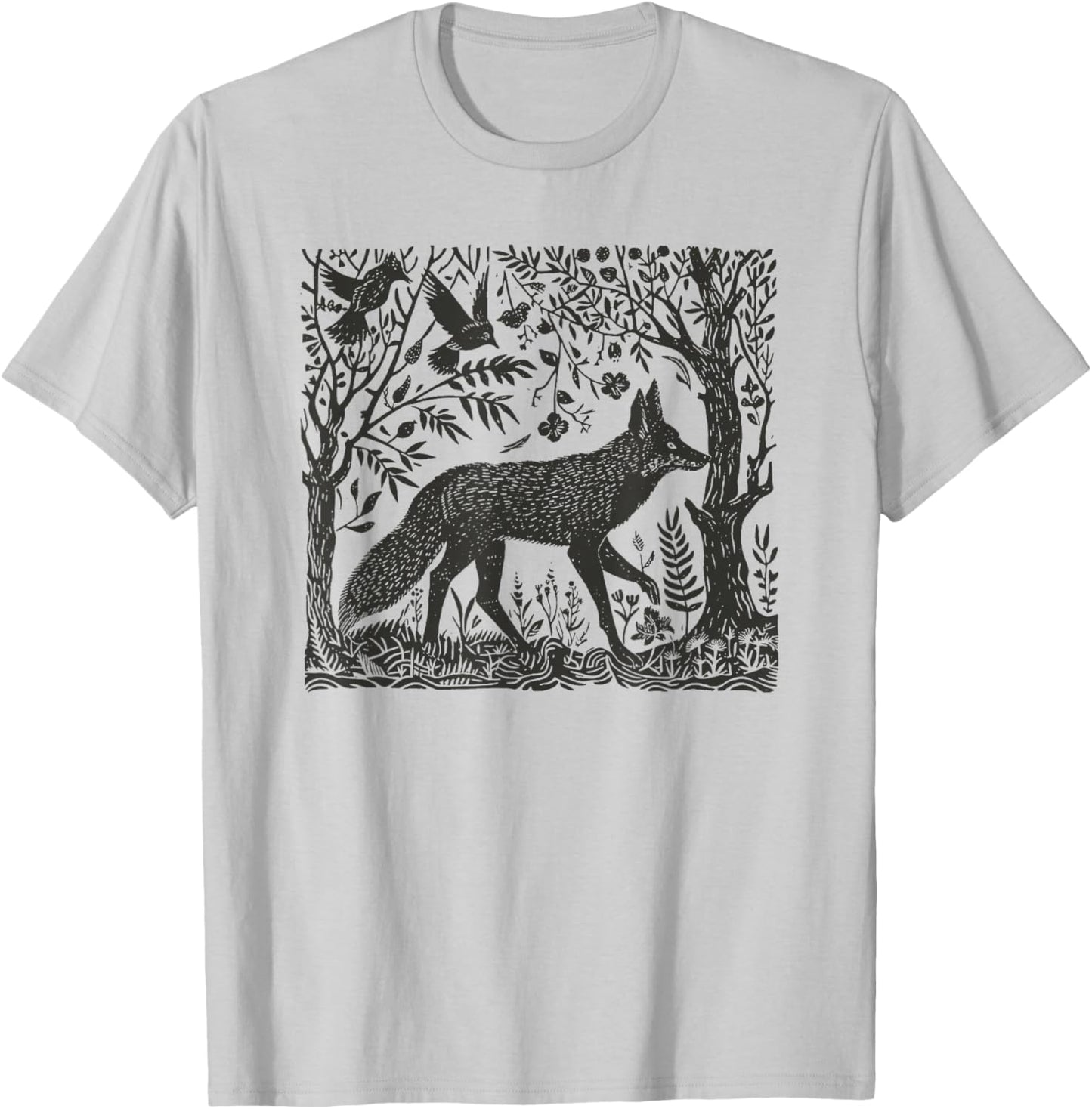 Folklore Forest Fox Lino Print T-Shirt - T-Shirt | Ash