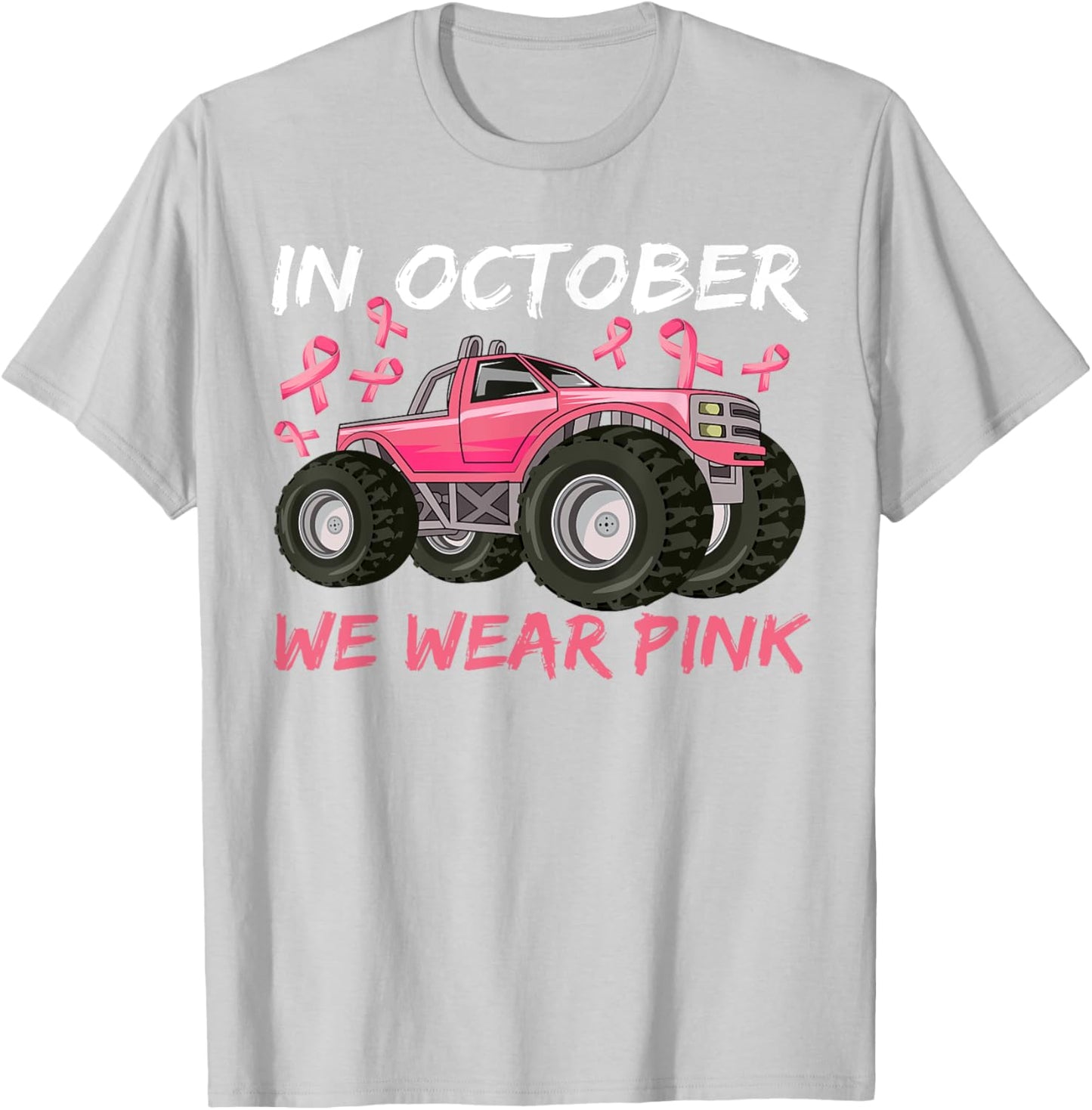 Boys Breast Cancer In October We Wear Pink Monster truck T-Shirt - T-Shirt | Ash