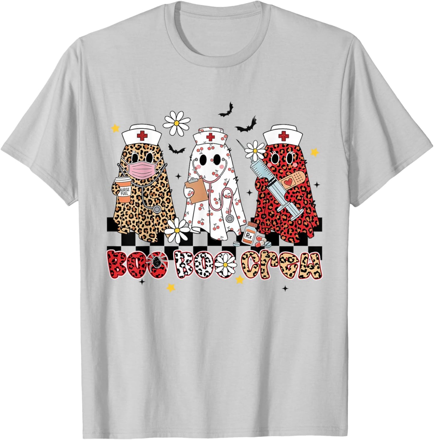 Floral Boo Crew Leopard Ghost Halloween Night Shift Nurse T-Shirt - T-Shirt | Ash