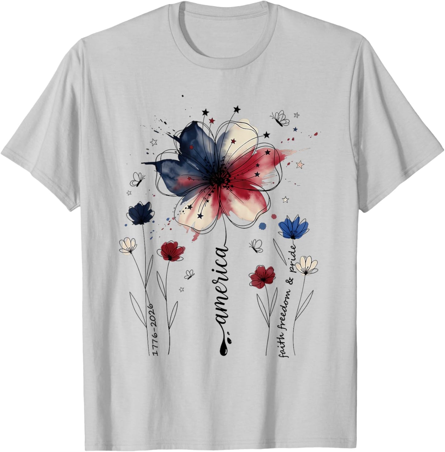 America Faith Freedom and Pride Floral USA 250th Anniversary T-Shirt - T-Shirt | Ash