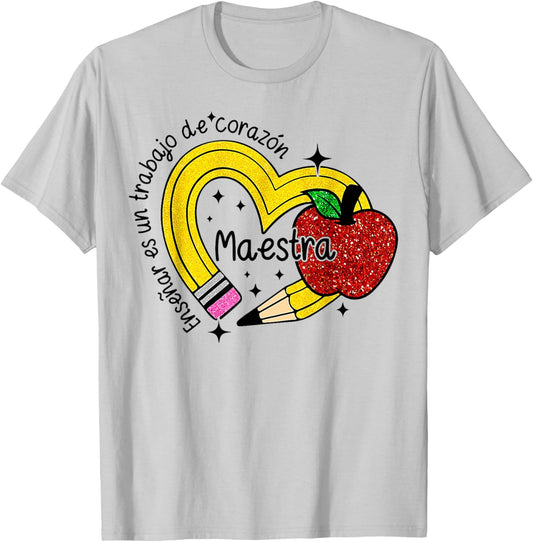 Maestra Spanish Teacher Rainbow Pencil Maestra T-Shirt - T-Shirt | Ash