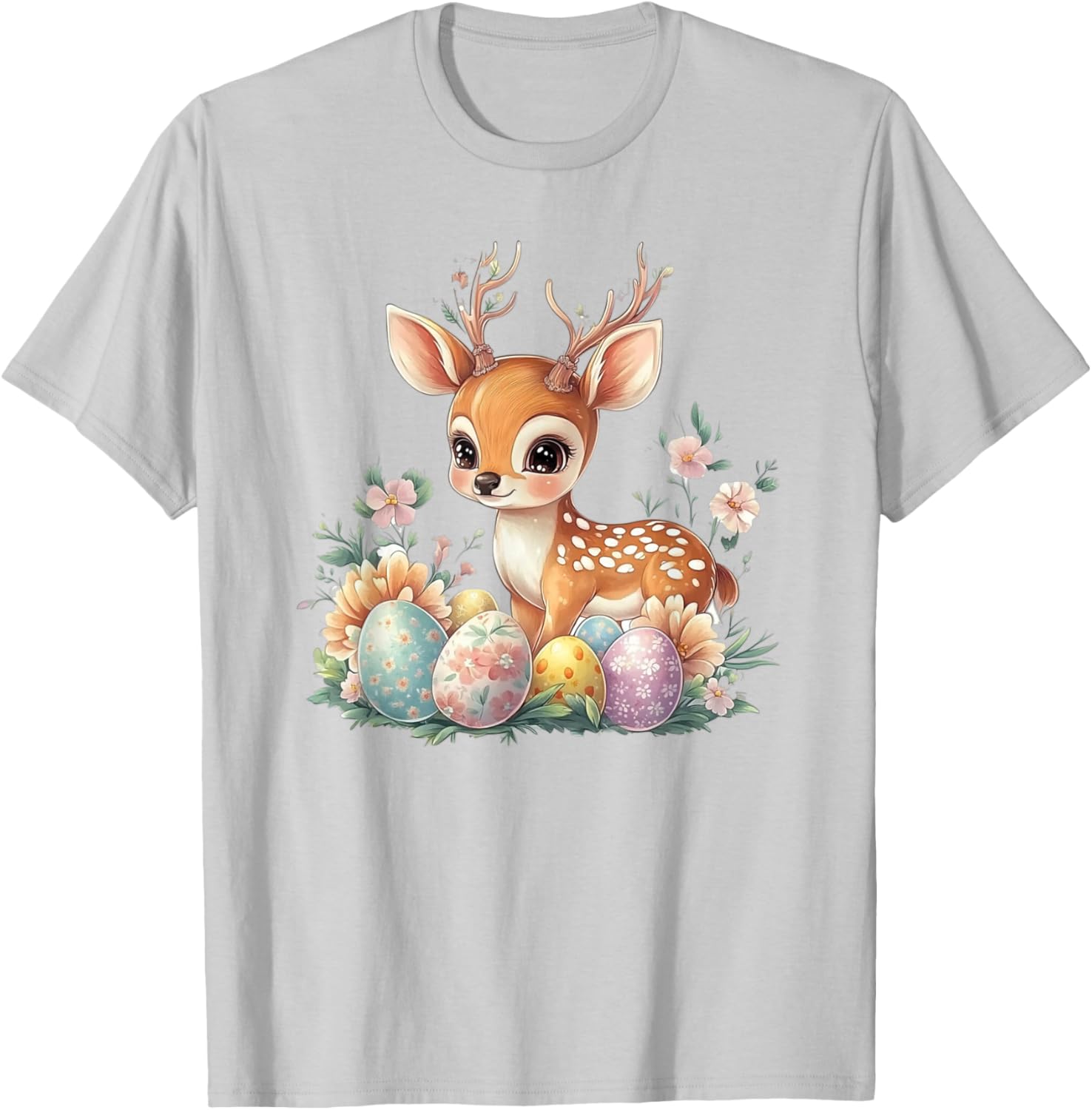 Easter Day, Cute Kawaii Baby Deer With Flowers & Easter Eggs T-Shirt - T-Shirt | Ash