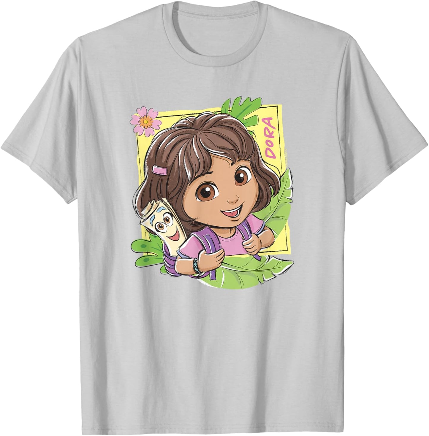 Dora (2024) Dora and Map Tropical Leaves T-Shirt - T-Shirt | Ash
