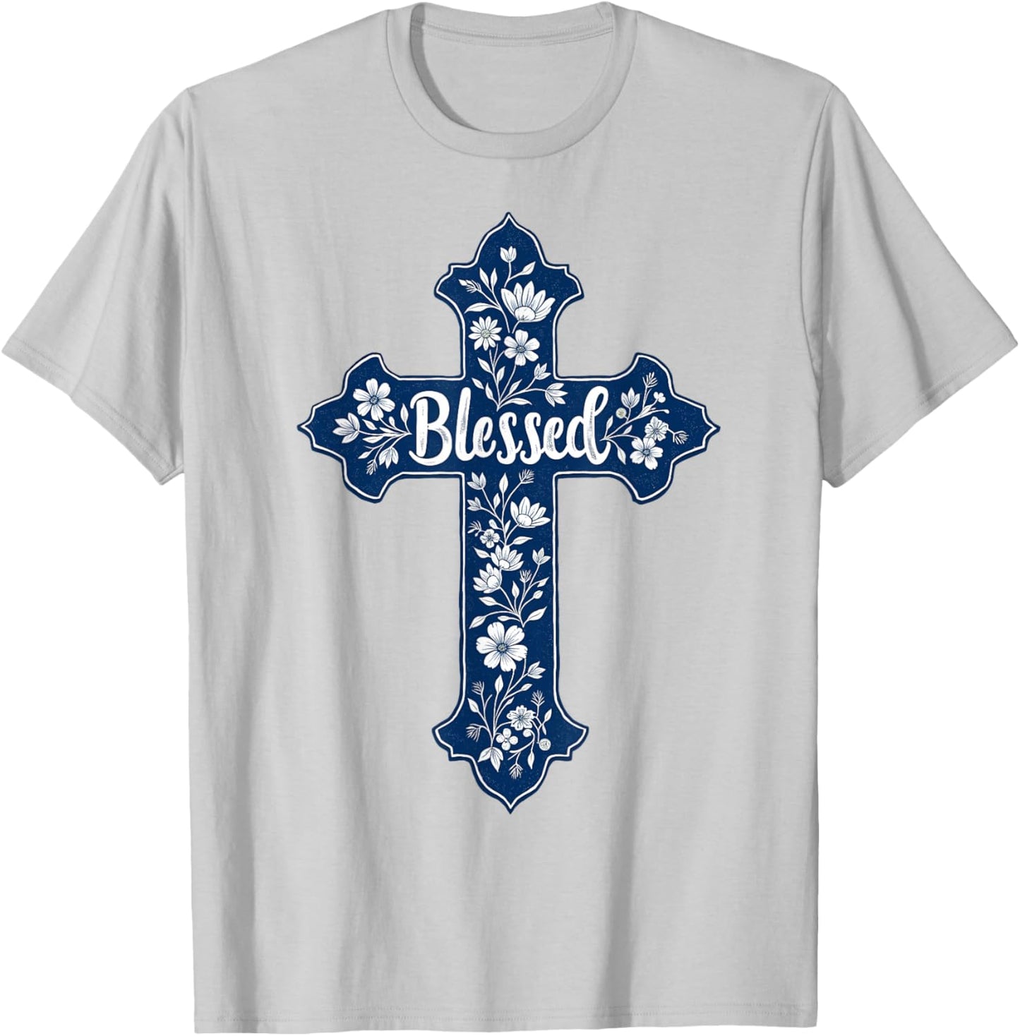 Christian Faith Cross Blue Toile Chinoiserie Floral T-Shirt - T-Shirt | Ash