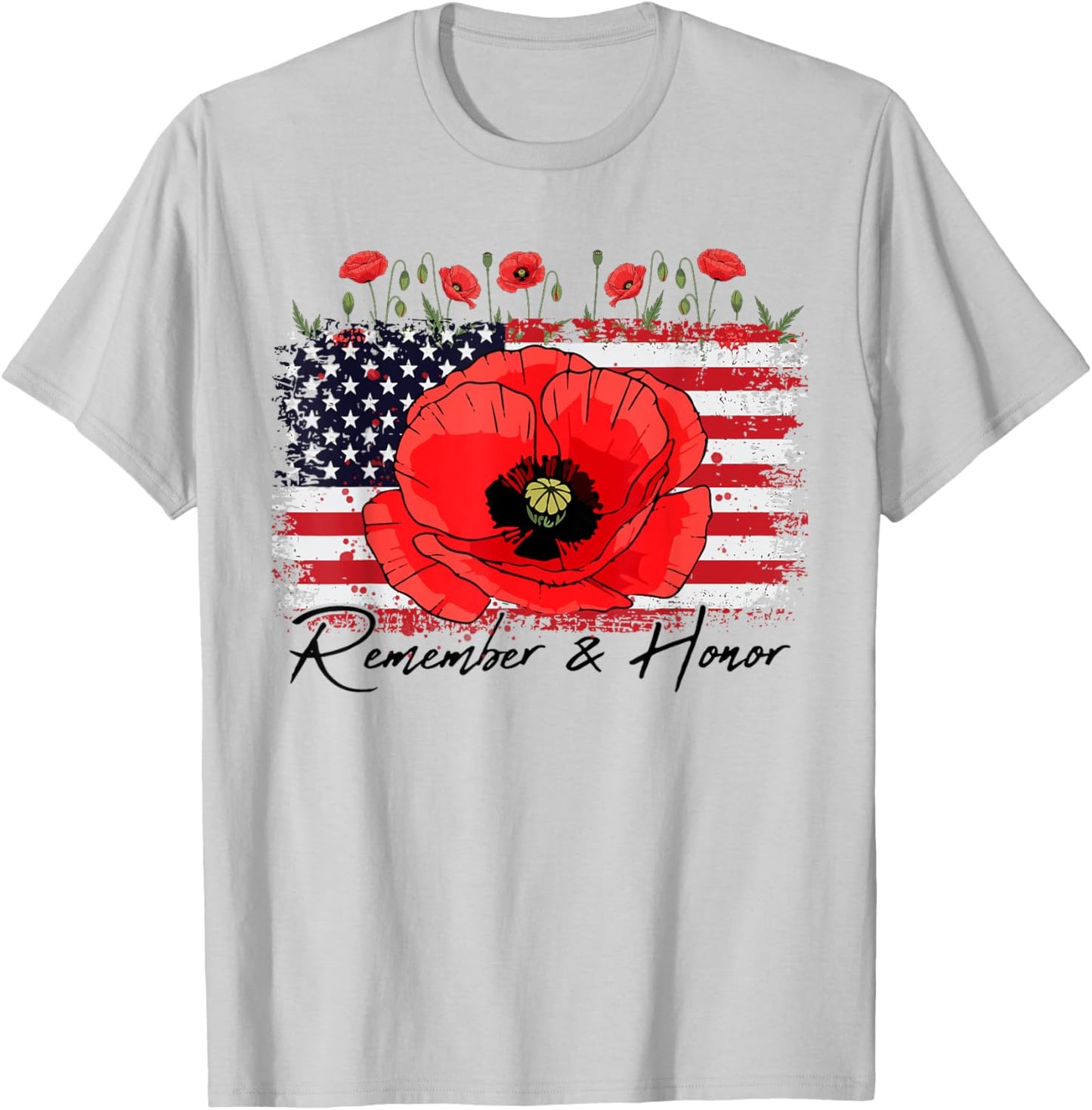 Memorial Day Remember Honor Patriotic USA Flag Flower Women T-Shirt - T-Shirt | Ash