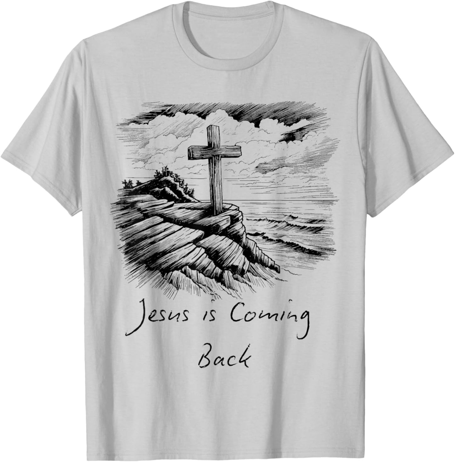 Jesus is coming Back sketch Drawing Cross Christian white T-Shirt - T-Shirt | Ash