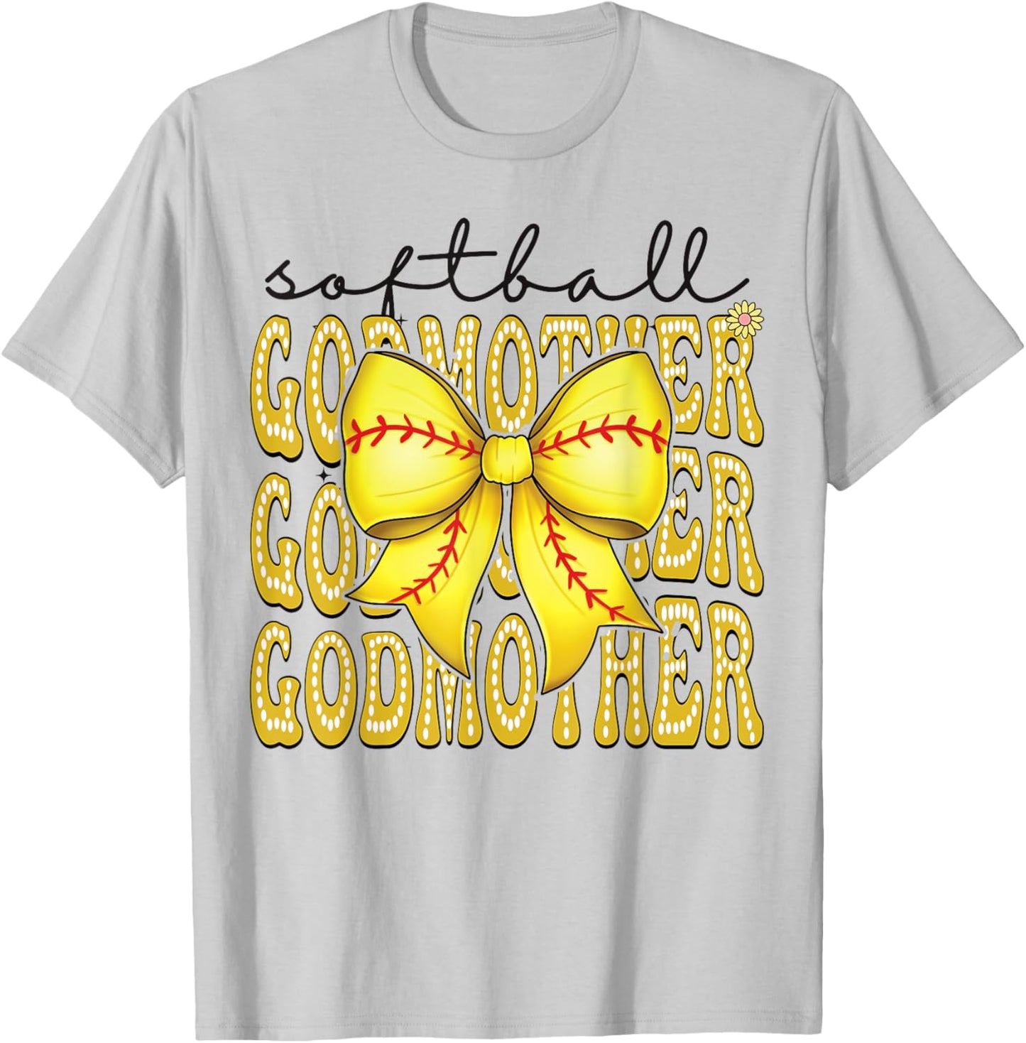 Softball GodMother Retro Softball Coquette Bow Groovy T-Shirt - T-Shirt | Ash