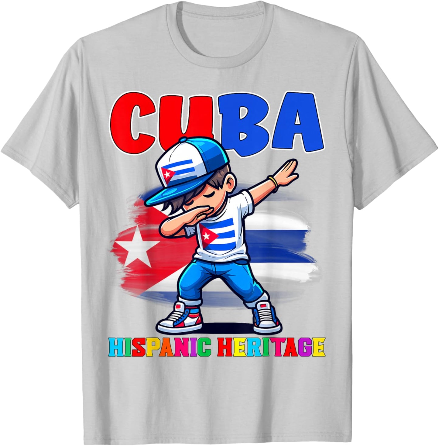 Cuba Dabbing Kid Hispanic Heritage Celebration for Kids T-Shirt - T-Shirt | Ash