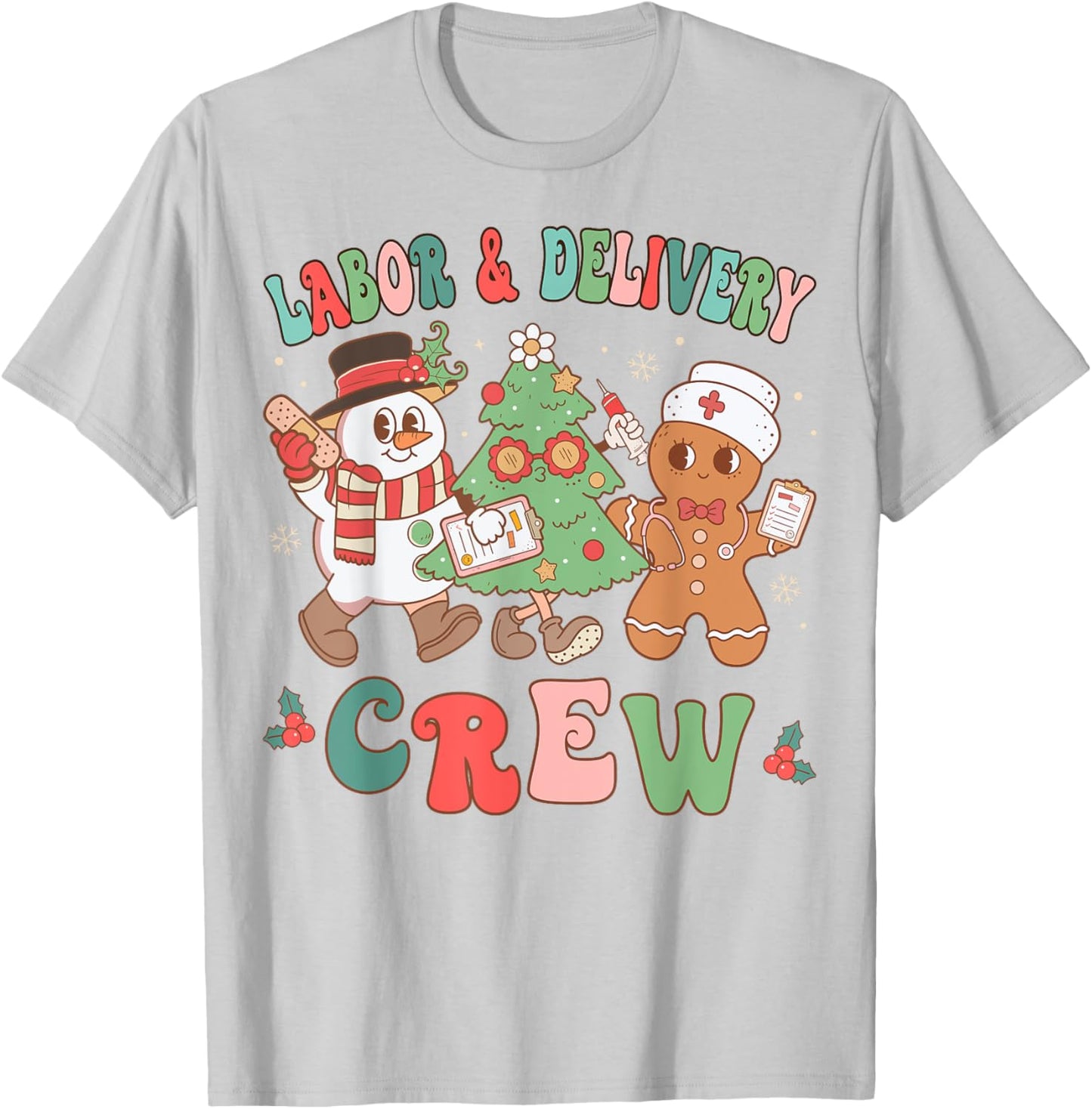Labor & Delivery Nurse Crew Christmas Tree Retro Nurse T-Shirt - T-Shirt | Ash