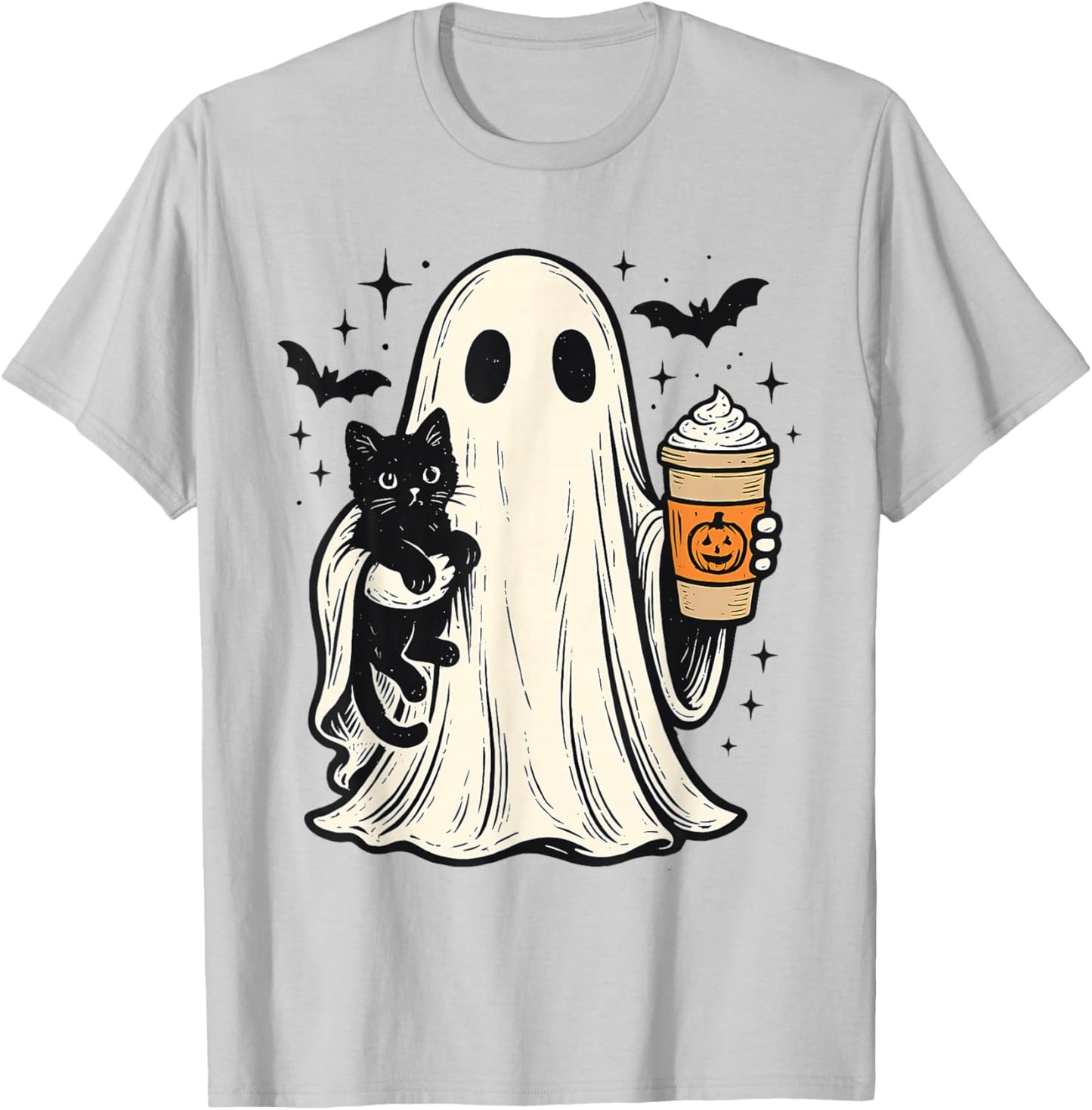 Cute Halloween Ghost Holding Black Cat Fall Coffee T-Shirt - T-Shirt | Ash