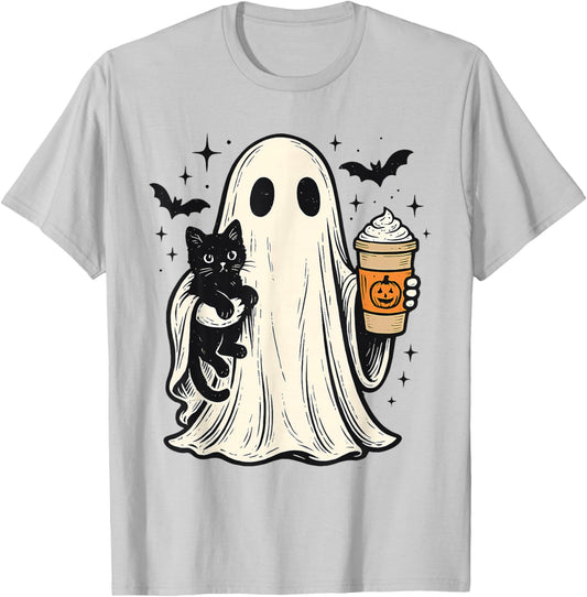 Cute Halloween Ghost Holding Black Cat Fall Coffee T-Shirt - T-Shirt | Ash