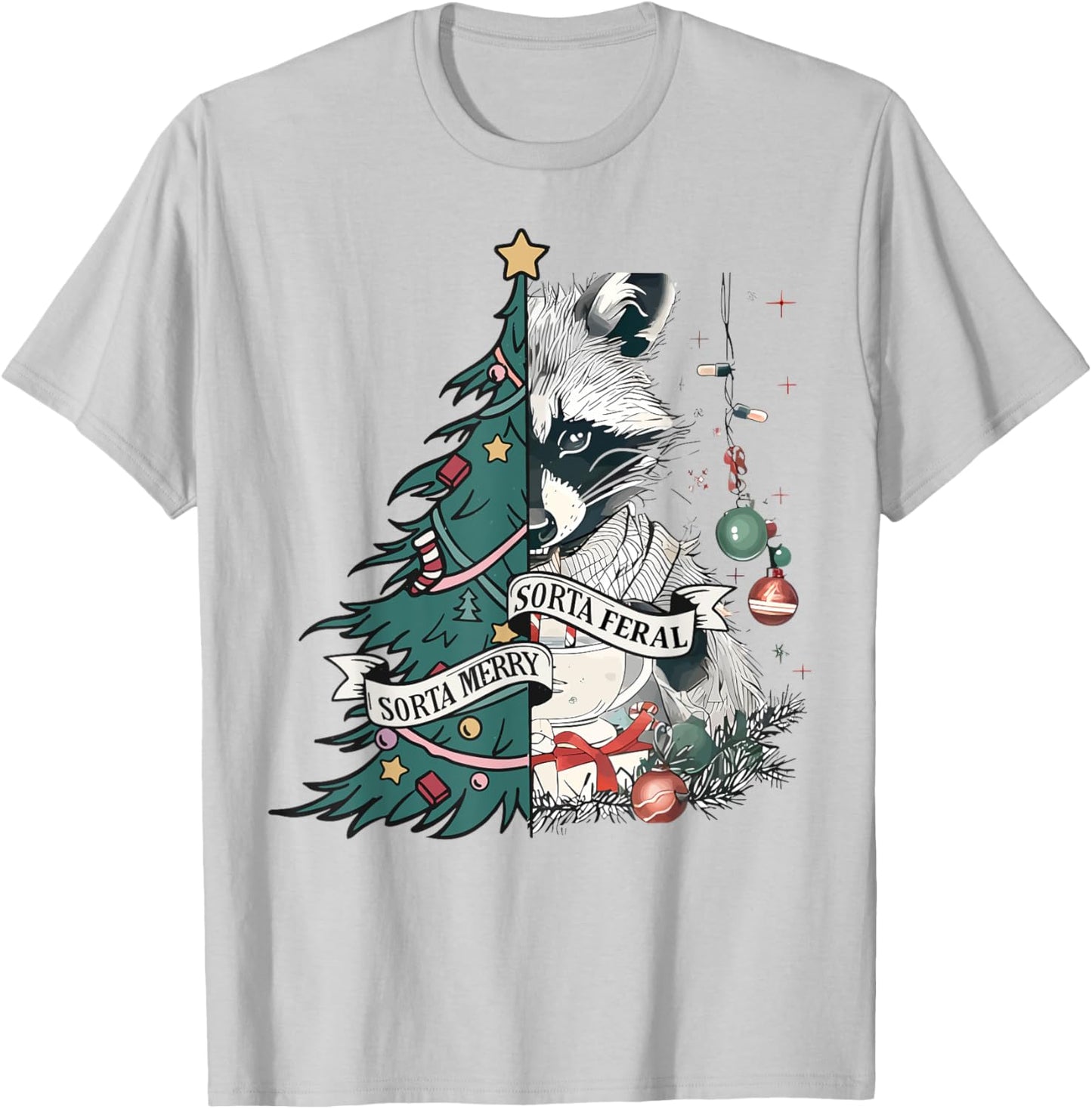 Funny Christmas Sorta Merry Sorta Feral Raccoon Xmas Tree T-Shirt - T-Shirt | Ash