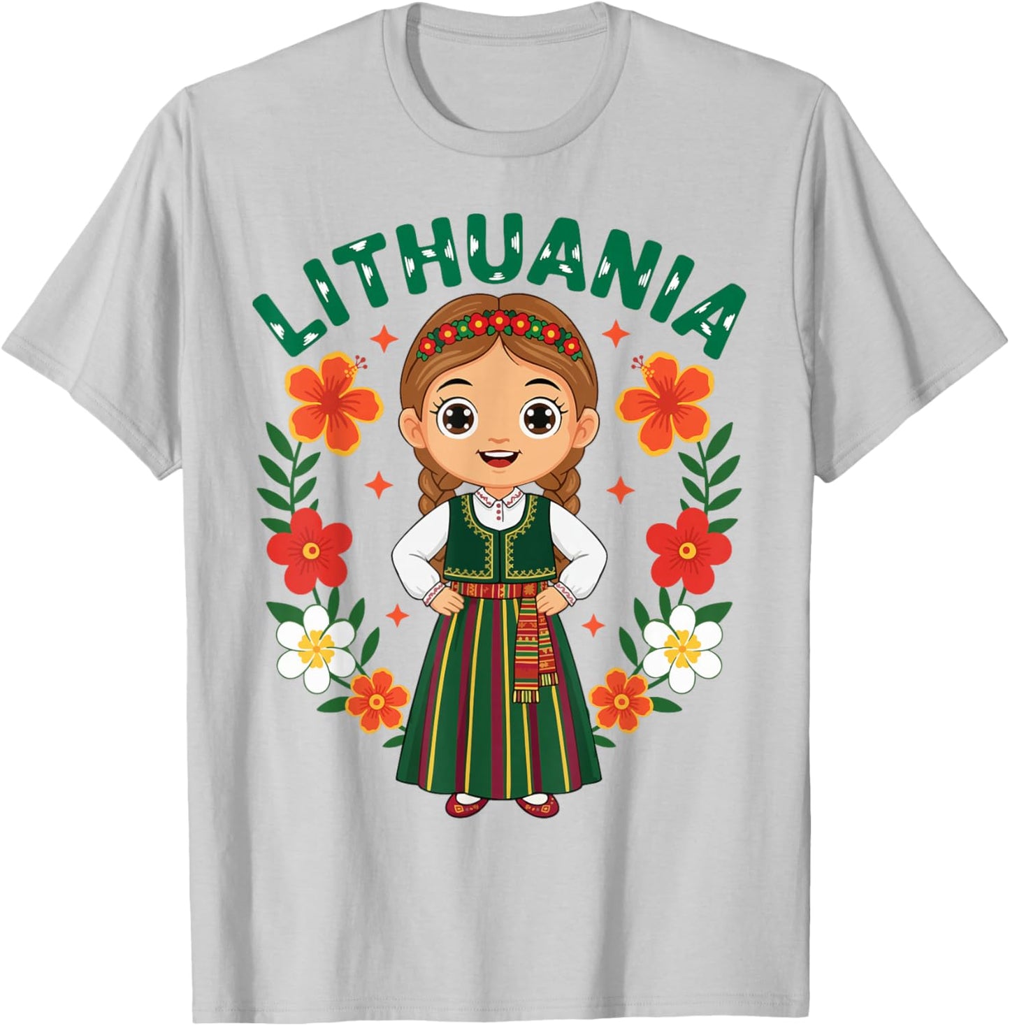 Lithuania Lithuanian Girl Traditional Dress Flowers Heritage T-Shirt - T-Shirt | Ash