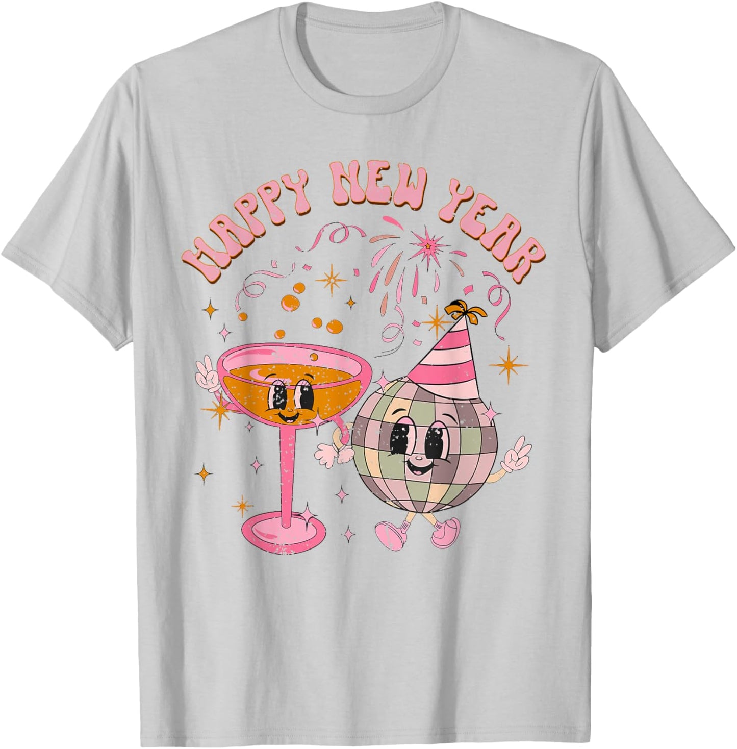 Happy New Year 2025 Disco Ball Wine Glass Cheers Drink Party T-Shirt - T-Shirt | Ash
