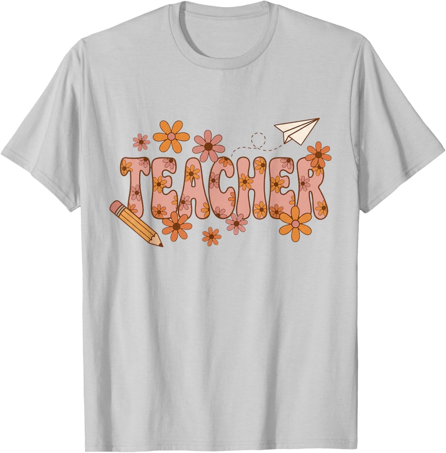Teacher Groovy Retro Flowers 70s Style Pencil Paper Airplane T-Shirt - T-Shirt | Ash