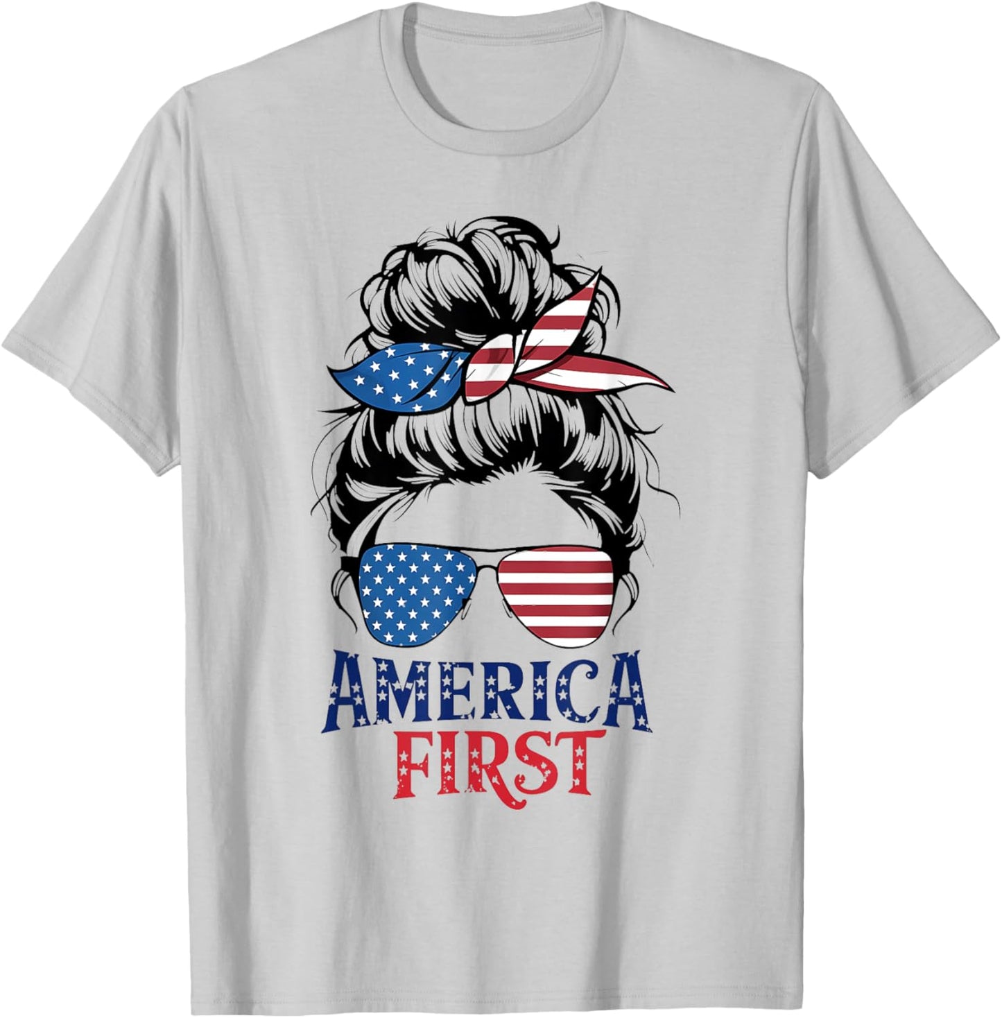Messy Bunny Hair Girl America First Patriotic American USA T-Shirt - T-Shirt | Ash